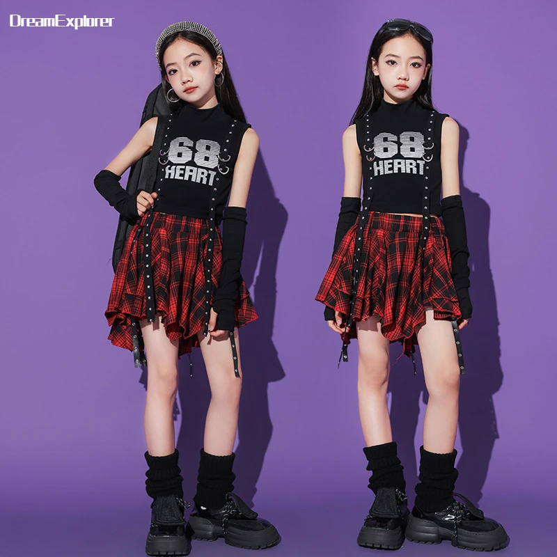 Girls Hip Hop Crop Tank Top Plaid Street Dance Skirt Kids Pleated Skirts Teens Jazz Cool Costumes Child Streetwear Clothes Sets