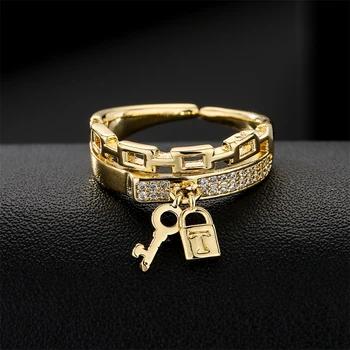 NEWBUY Fashion Gold Color Copper Wedding Jewelry Luxury AAA CZ Zircon Lock & Key Charm Finger Ring Adjustable For Women Girl