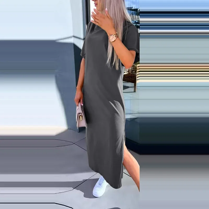 

Summer Elegant O-neck Side Split Long Dress 2024 Casual Short Sleeve Loose Party Dress Women Fashion Simples Solid Maxi Dresses