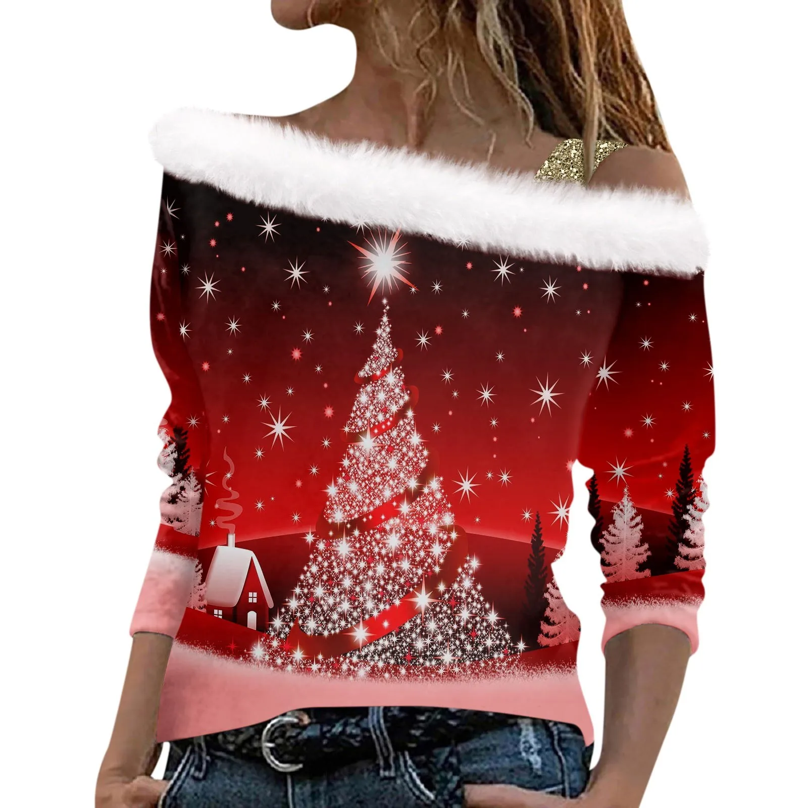 

Женская футболка, Рождественская футболка с длинным рукавом, Женская рождественская ФЛИСОВАЯ ФУТБОЛКА с воротником и открытыми плечами, женская одежда на осень и зиму
