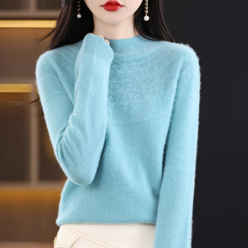 Women's Autumn And Winter First-line Half Height Knitted Sweater 100% Wool Sexy Hollow Out Versatile Top Fashion Pullover NJR 3