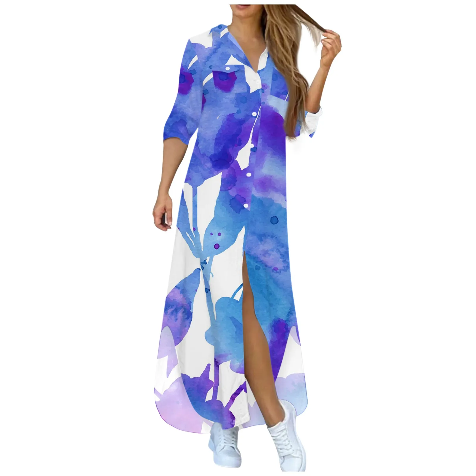 

2023 Summer Women Long Dresses Fashion Casual Long Sleeve Loose Slit Maxi Dress Button Collar Elegant Vestidos Free Shipping