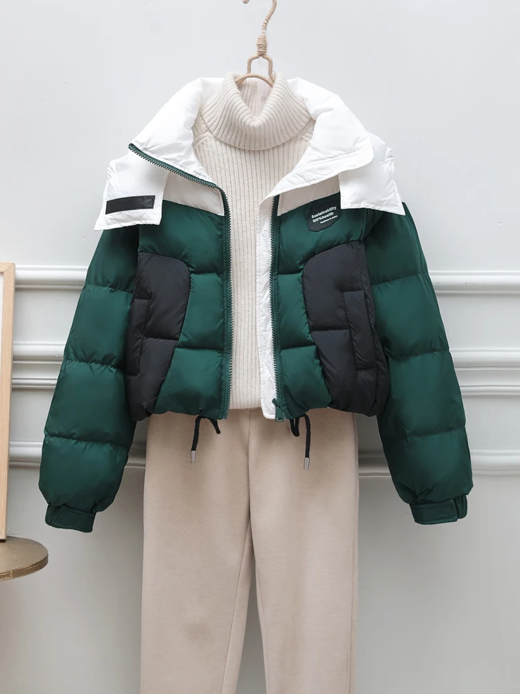 Casual Short Contrast Color Down Jacket Female 2023 New Winter Clothes Korean Fashion Stitching Long Sleeve Puffer Jacket Women