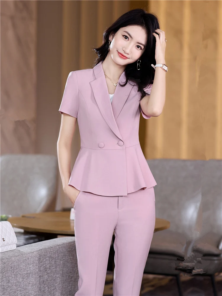 Women's Short Sleeve Blazer and Trousers Set Office Uniform