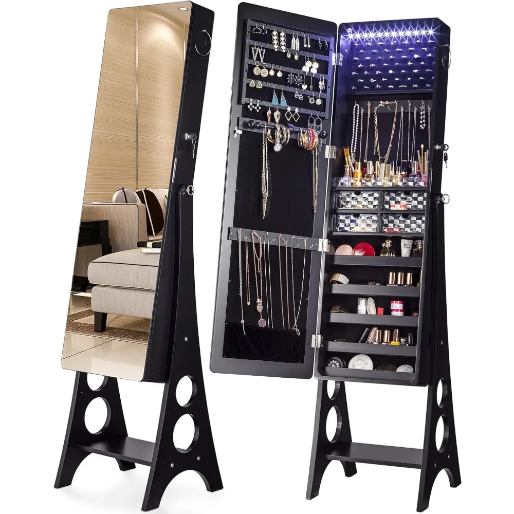 

YOKUKINA LED Jewelry Cabinet Armoire, Large Storage Lockable Organizer with Frameless Free Standing Dressing Mirror (Black)