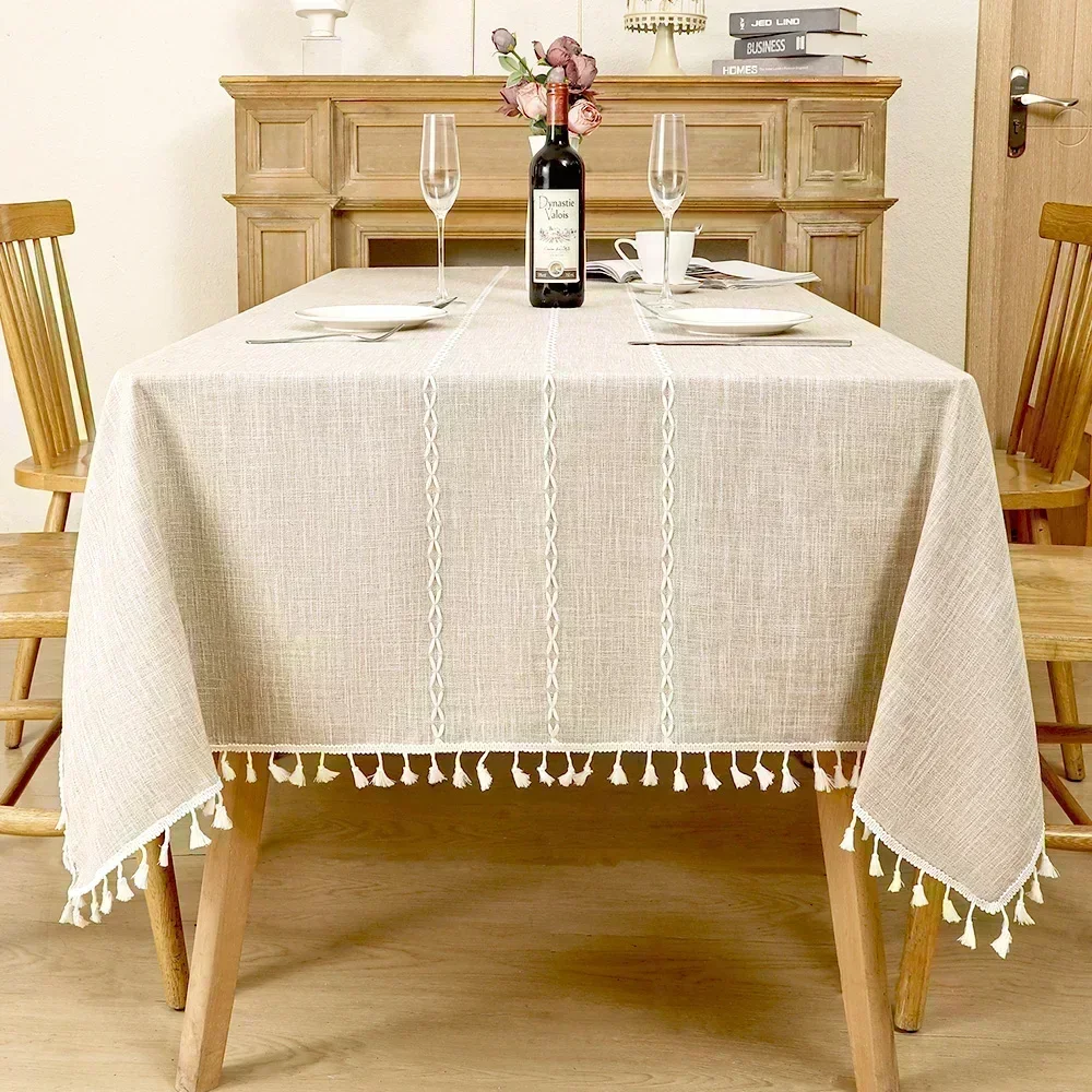 thumbnail image 1 of Mantel Rectangular resistente a las arrugas, impermeable, lavable, cubierta de mesa de granja con borlas, 1 of 5