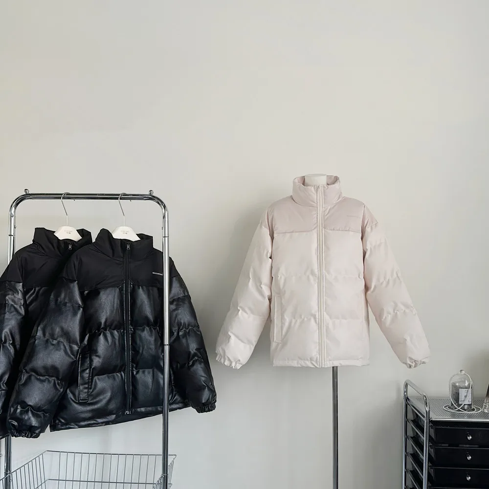

PU Leather Patchwork Stand Neck Down Coats Parkas Thicken Winter Korean Fashion Letters Outerwear Female Overcoats 904