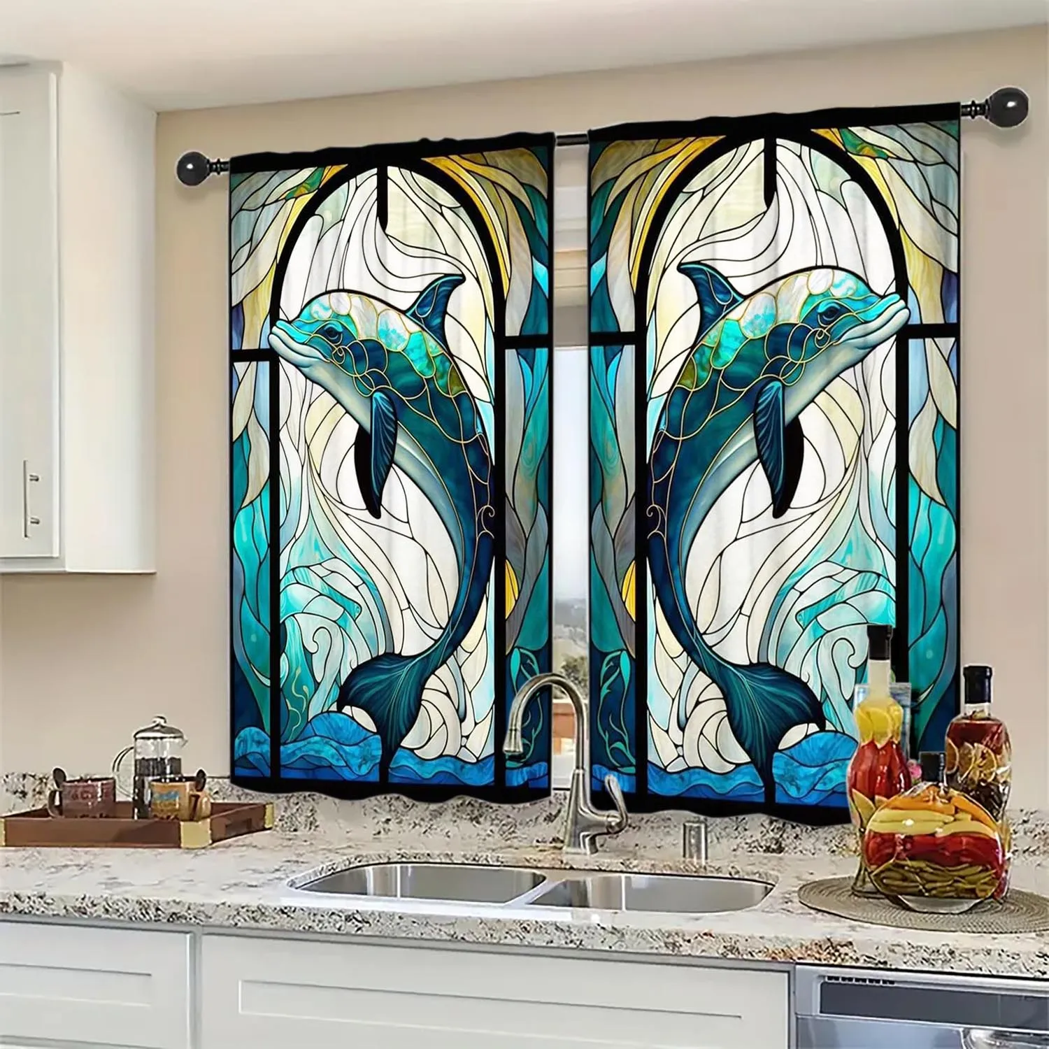 2-Panels Stained Glass Dolphin Decorative Curtains, Semi Transparent Without Lining, Durable Polyester Fiber Curtains 4