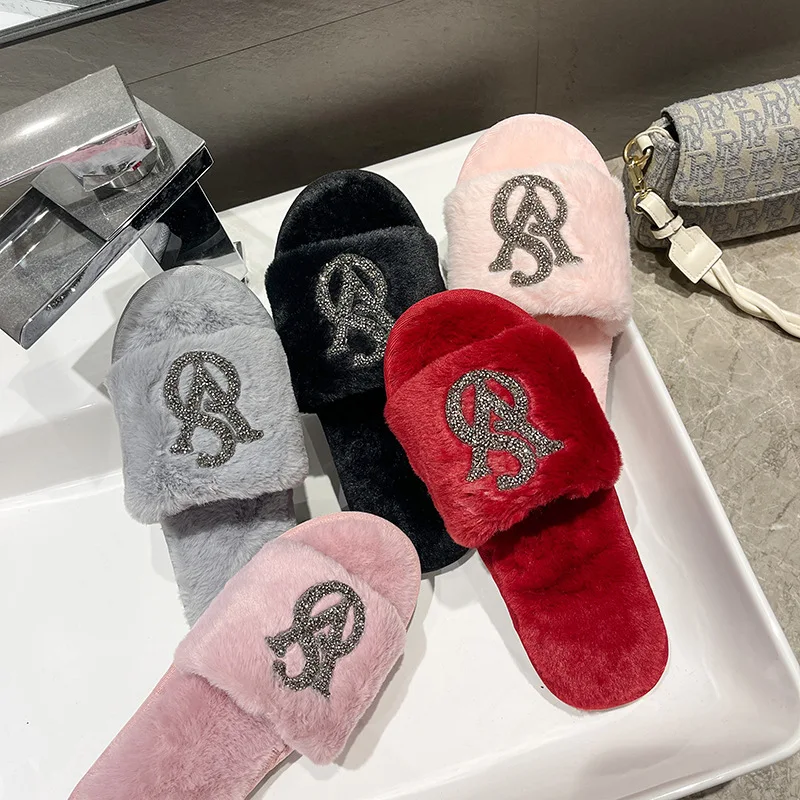 2023 Slippers Women House Slippers Warm Slippers Women Winter Crystal Fur Home Shoes For Women Slippers Casual Plush Comfortable