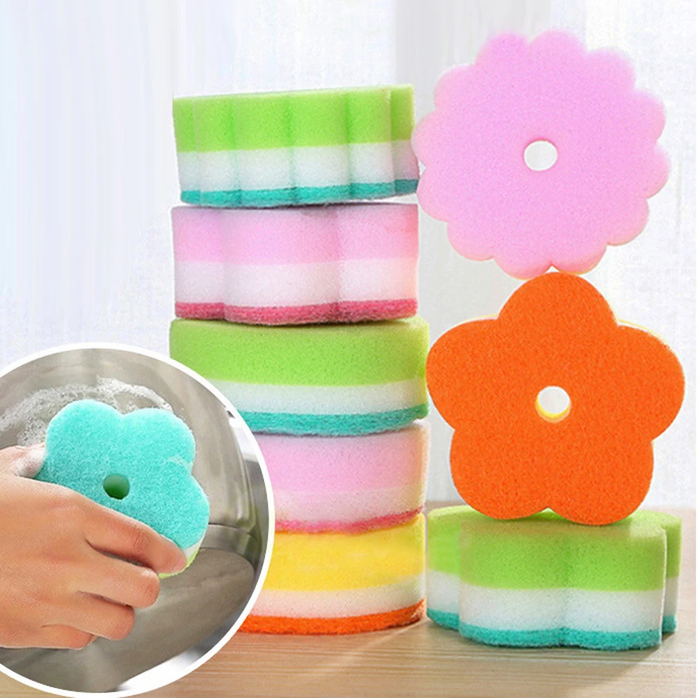 Dishwashing Sponge Scouring Pads Flower Round Shape Color Sponge Brush Tableware Wash Dishes Sponge Kitchen Home Cleaning Tool