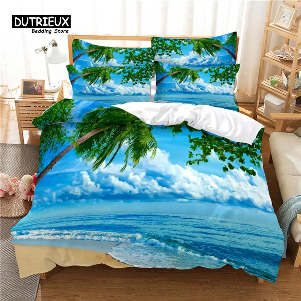 

3pcs 3D Duvet Cover Set, Beach Coconut Tree Bedding Set, Soft Comfortable Breathable Duvet Cover, For Bedroom Guest Room Decor