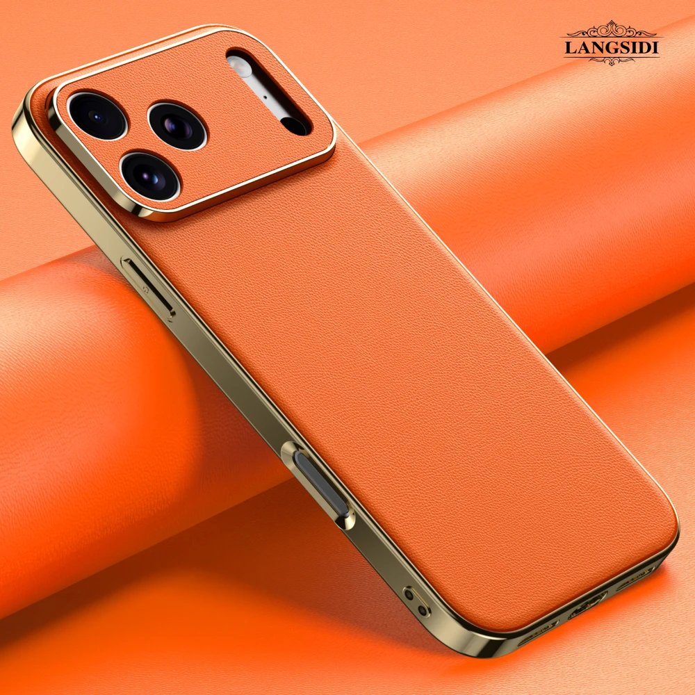 Luxury Genuine Cowhide Leather Phone Case with Full Lens Protection and Elegant Plating Design