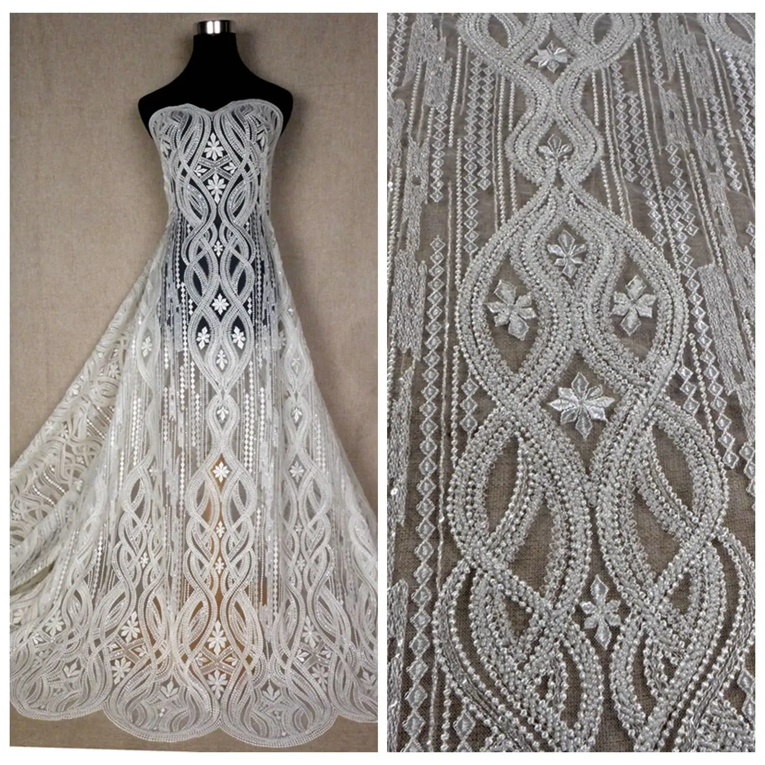 

Красивое кружевное свадебное платье La Beauty, плотная кружевная ткань цвета слоновой кости с бисером, белое кружевное платье с бисером, Ширина 51 дюйма, 1 ярд