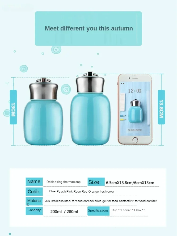 Mini stainless steel vacuum flask for coffee available in multiple modern colors.