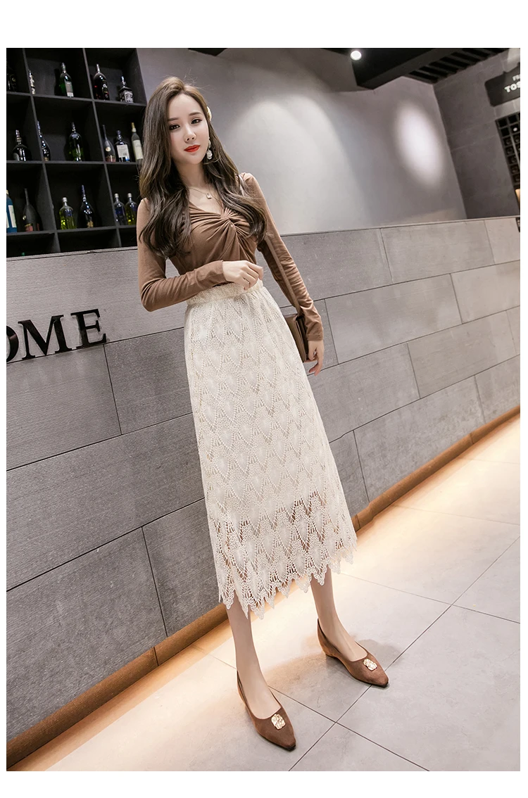 Lace Skirts Womens Korean Fashion Solid Color Elastic High Waist Ladies Skirt Hollow Out 2021Spring Wild Slim Midi Skirts Female crop top and skirt