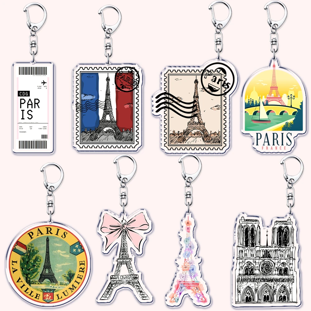 Retro France I Love Paris Eiffel Tower Keychains French Stamps