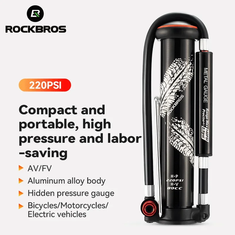 ROCKBROS Bicycle Pump 220PSI Mini Hand Air Pump Tire Inflator Schrader Presta Portable AV FV MTB