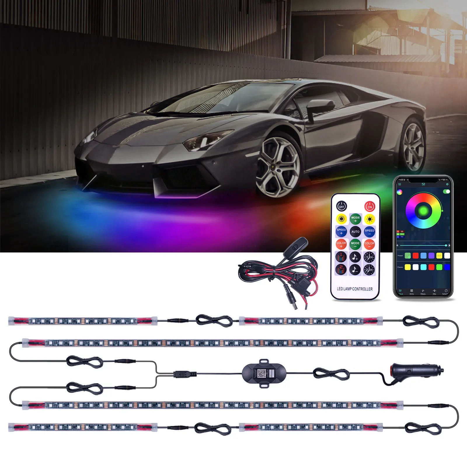 

6 в 1 гибкий неоновый набор Undercar RGB Автомобильный атмосферный фонарь LED 12v Bluetooth APP шасси Фонарь декоративной среды неоновая лента автотовары