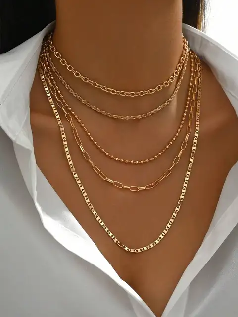 Colliers en chaîne de perles tressées simples, ton or, ensemble de colliers avec pendentif superposé pour femmes, usage quotidien et de fête, 5 pièces/ensemble