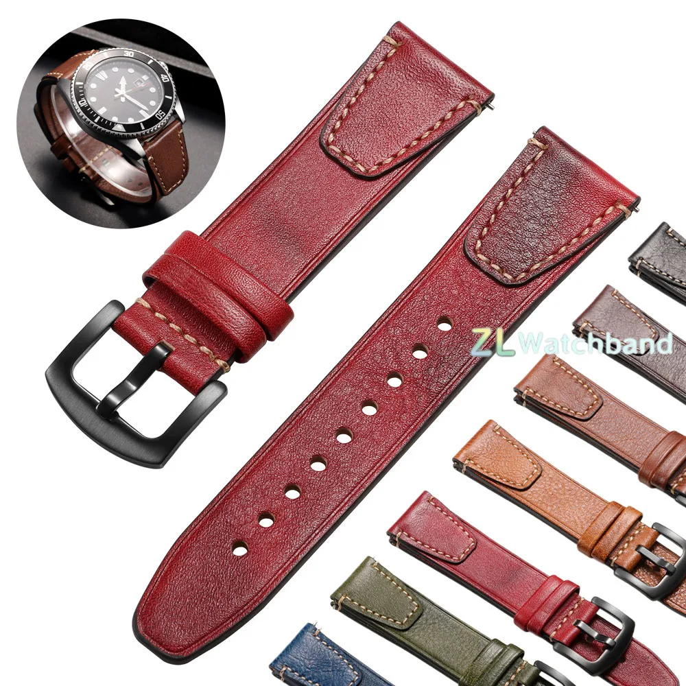 Vintage Genuine Leather Watch Strap, Retro Bracelet Quick Release Wristband