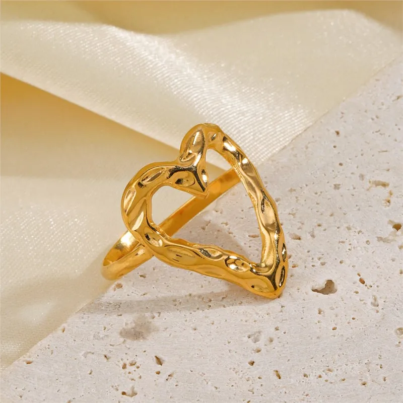 ANENJERY 316L Stainless Steel Irregular Hollow Heart Open Ring for Women Men Personality Popular Ring Party Jewelry