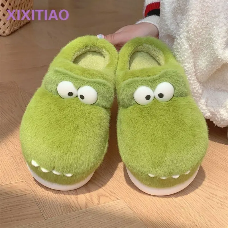 Fashion man slippers green crocodile flat mules designer animal mens slippers home furry shoes male's footwear in winter
