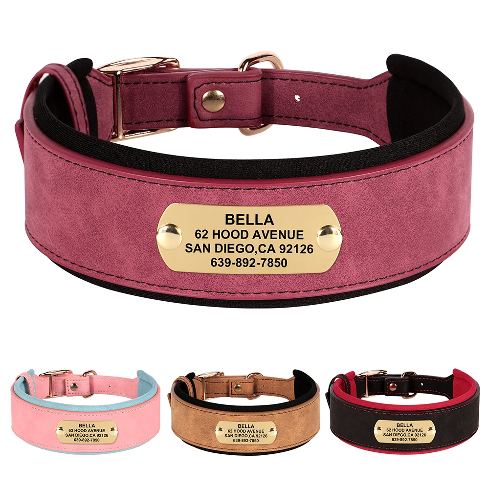 

Personalized Wide Dog Collar PU Leather Customized Dogs Tag Collars Padded Pet Collar for Small Medium Large Dogs Pitbull Buldog