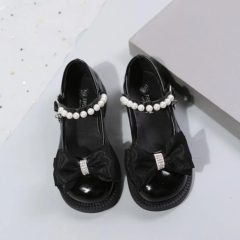 

26-37 bow Children Leather Shoes Fashion Patent Leather Girl's Flat Shoes Black beige School pearl Kids Princess Mary Janes Shoe
