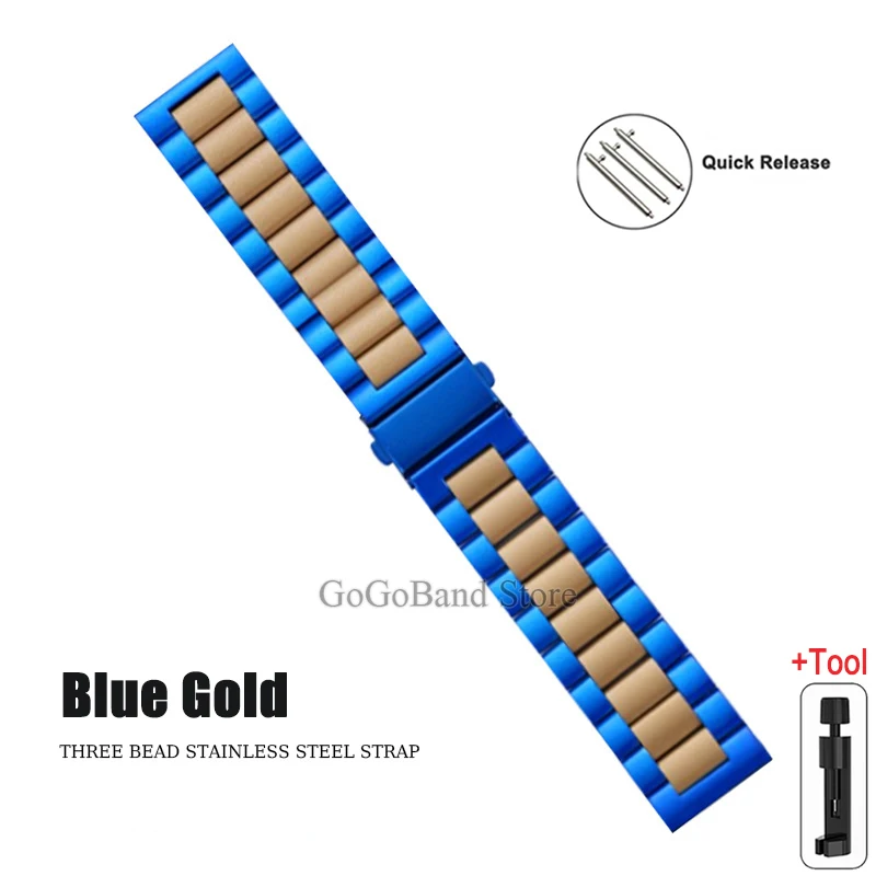 Premium Stainless Steel Watch Band, 20mm/22mm, Metal Strap, Silver/Black Finish