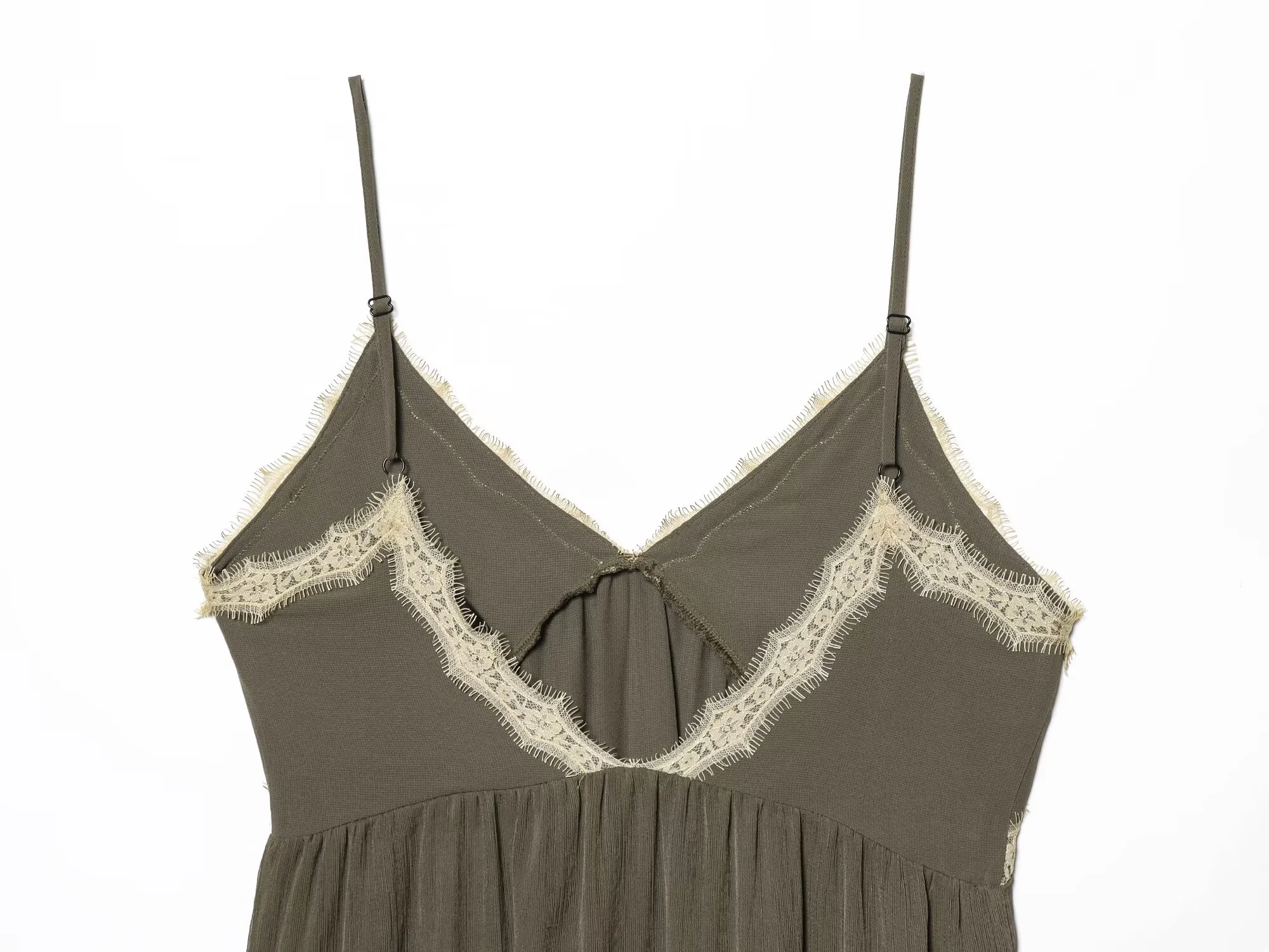 ZERAINS 2026 Frühjahr/Sommer Neuheit Damen V-Ausschnitt Trägerkleid mit Kontrast-Spitzeneinsatz im Unterwäsche-Stil, mittellang – Detail 4