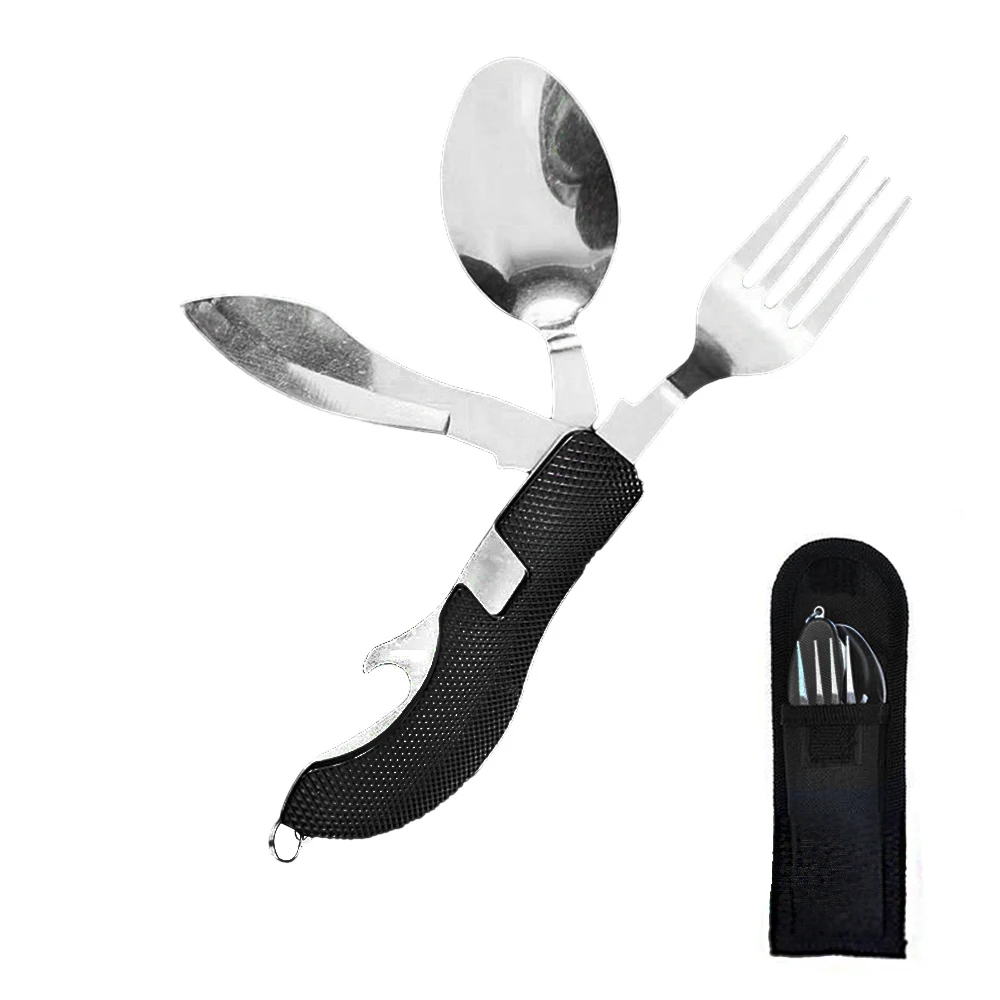

Tablespoon Set 4 In 1 Foldable Spoon Knife Fork Bottle Opener Stainless Steel Folding Pocket Kits Outdoor Tableware Set