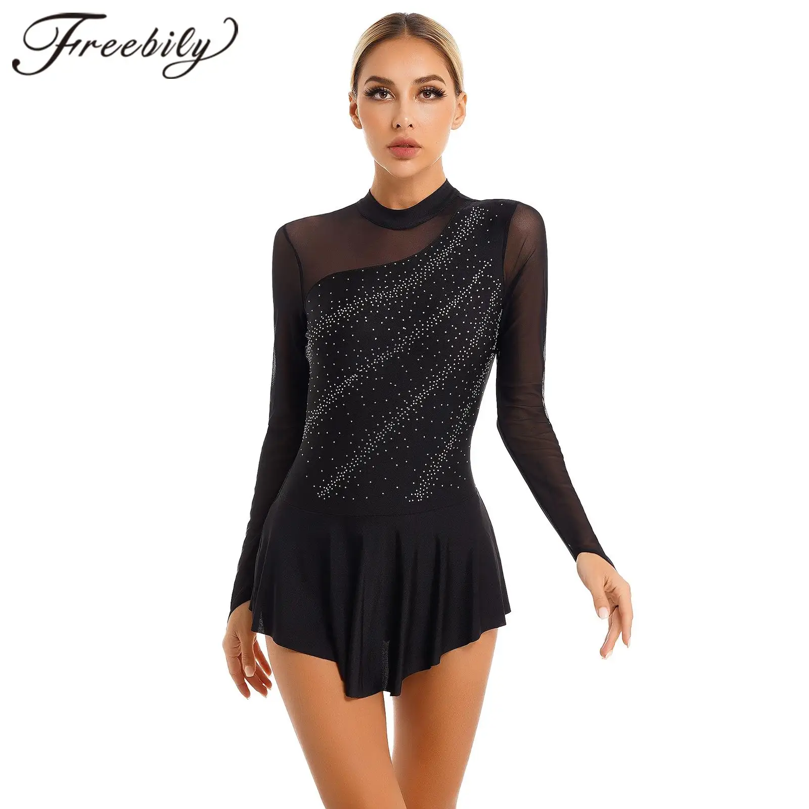 Figure Skating Jumpsuit Womens Glitter Rhinestone Sheer Mesh Splice Long Sleeve Gymnastics Leotard Ballet Dress Dancing Bodysuit