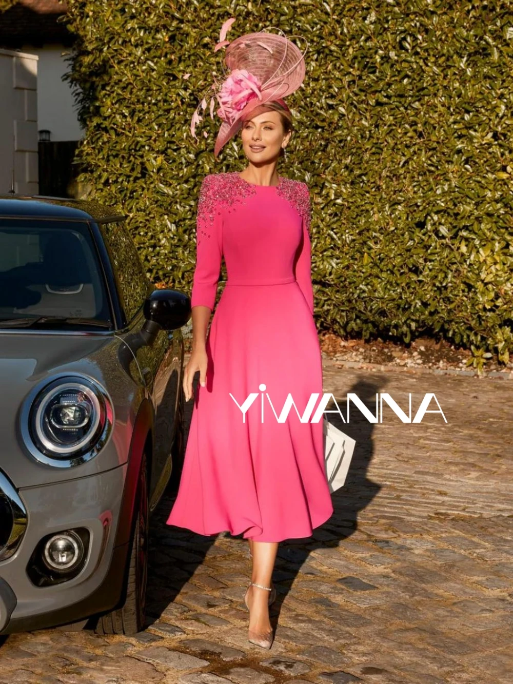 

2024 Modest 3/4 Sleeve Mother Of The Bride Dress For Wedding Sparkly Sequins Beads Prom Dress Elegant Tea-length Evening Gown