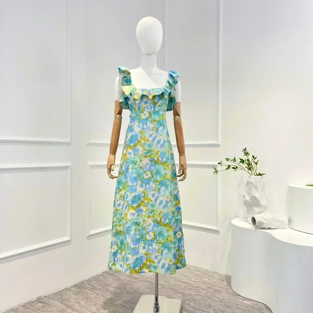 

Женское платье-миди с открытой спиной, голубое пляжное платье с оборками и цветочным принтом, весна-лето 2023