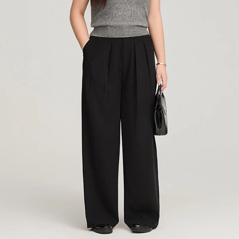 High Waist Fold Drape Wide Leg Suit Pants Plus Size 2025 Autumn Commuter Straight Full Length Premium Women Trousers