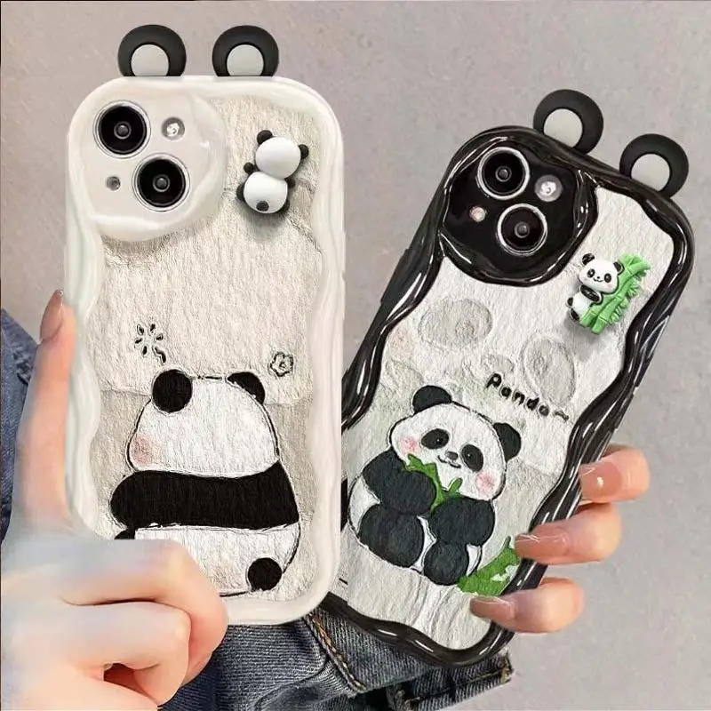 Cute 3D Panda Phone Case with Cream Wavy Edge Soft Cover