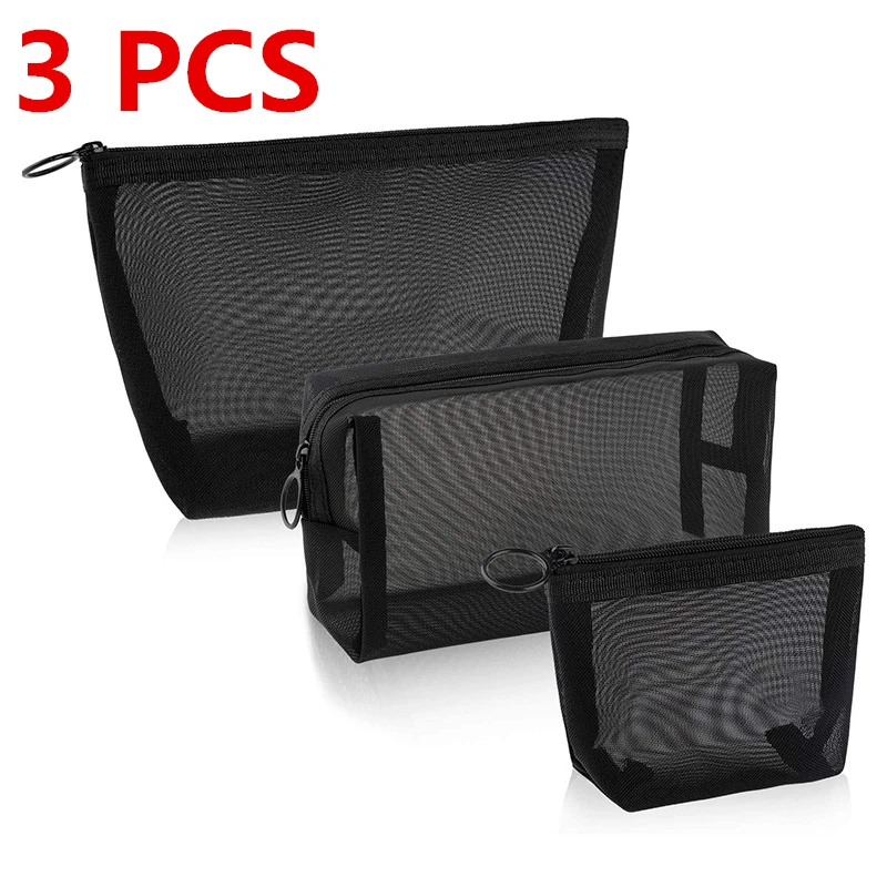 3PC Travel Black Mesh Cosmetic Bag Zipper Makeup Bag For Women Wash Toiletry Bag Makeup Organizer Portable Storage Pouch large capacity waterproof cosmetic travel storage bag mesh wash hook bags portable digital bag power cable charger sorting bags