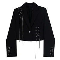 Women Punk Gothic Cropped Blazer with Metal Chain Harajuku Design Streetwear Chic Patchwork Suit Office Lady Commute Short Coat 1