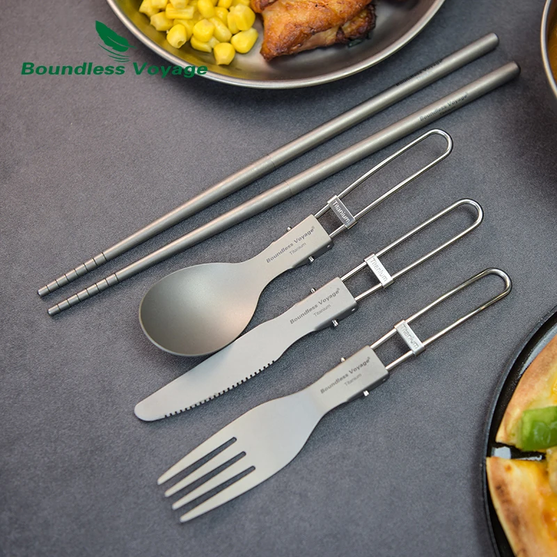 Boundless Voyage 티타늄 칼 세트 초경량 칼, 숟가락, 포크, 젓가락 접는 식기 캠핑 용품 Ti1121T-23T
