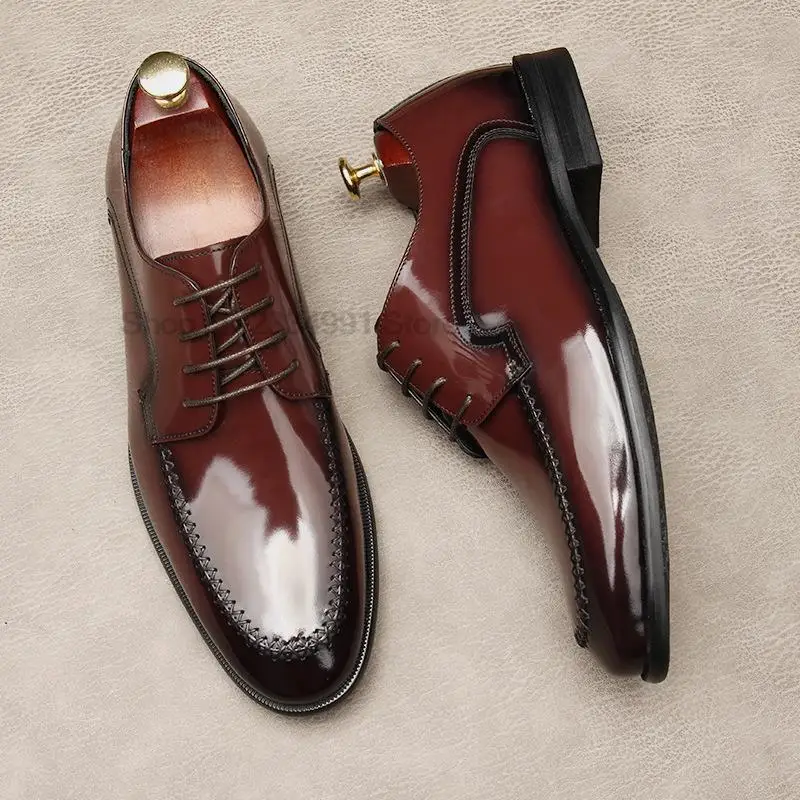 

New Round Head Men's Shoes Formal Dress Shoes Male Oxfords Men Genuine Leather Office Shoes Elegant Wedding Party Lace Up Shoes