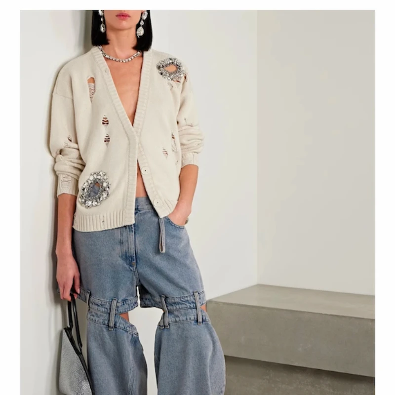 

Designer 2024 Winter Women New Cardigan Sweater Cashmere Crystal Long Sleeve Holes Knit Luxury Brand High Quality Fashion