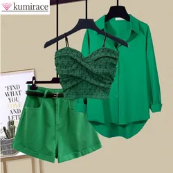 Sexy Lace Strap Bra Loose Blouse Casual Shorts Three Piece Elegant Women's Pants Set Summer Street Outfits Tracksuit
