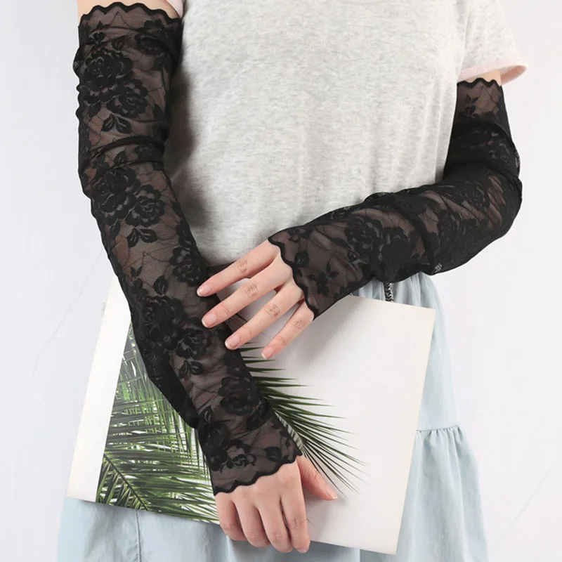 1Pair Summer Thin Fingerless Gloves Black and White Elegant Arm Sleeves Mesh Lace Elastic Driving Cycling Gloves Finger Mittens