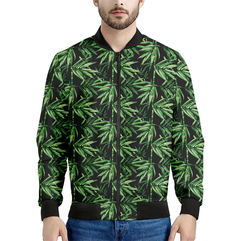 thumbnail image 1 of Chaquetas con estampado 3D de bambú verde para hombre, sudadera con gráfico de hojas y plantas, manga larga, chaqueta bomber de gran tamaño con cremallera, 1 of 4