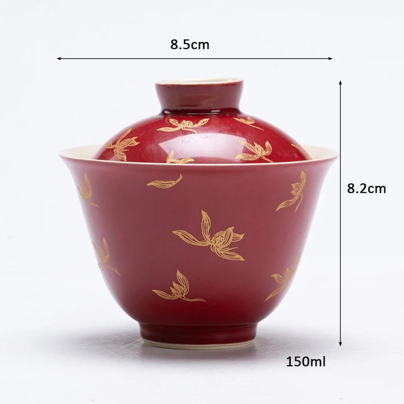 Lang Hong Gilded Gaiwan Chinese Style Red Autumn Orchid Gilded Decal Cover Bowl Kungfu Small Tea Making Bowl