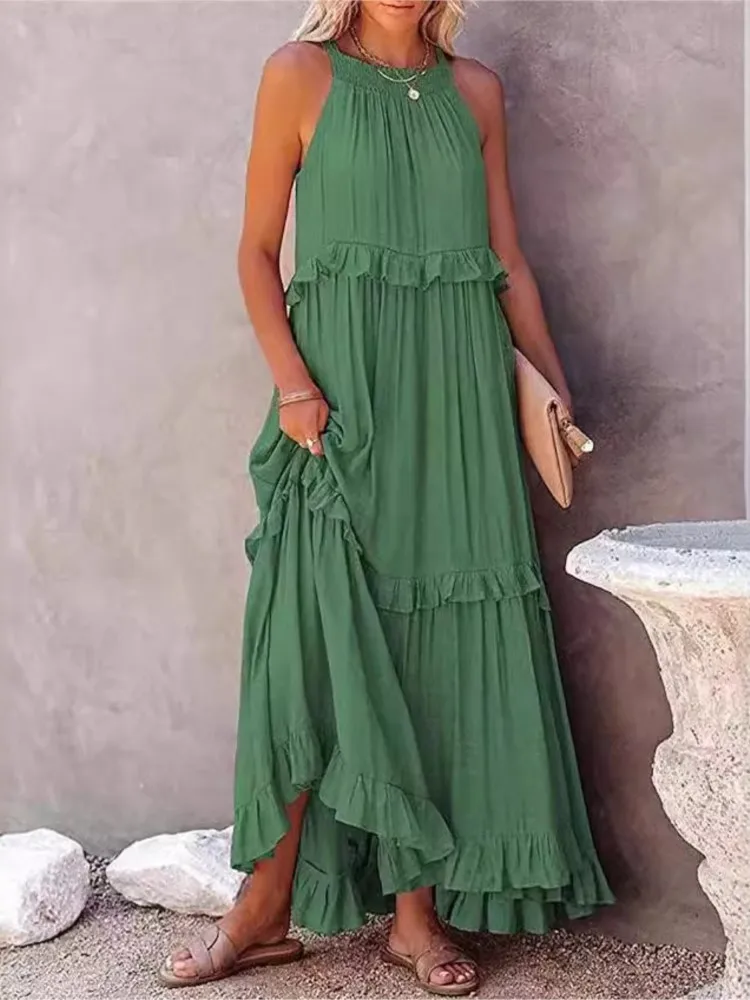 

Summer Vacation Style Halter Neck Long Dresses Women Fashion Backless Leace-up Loose Ruffles Beach Dress Elegant Ladies Vestidos
