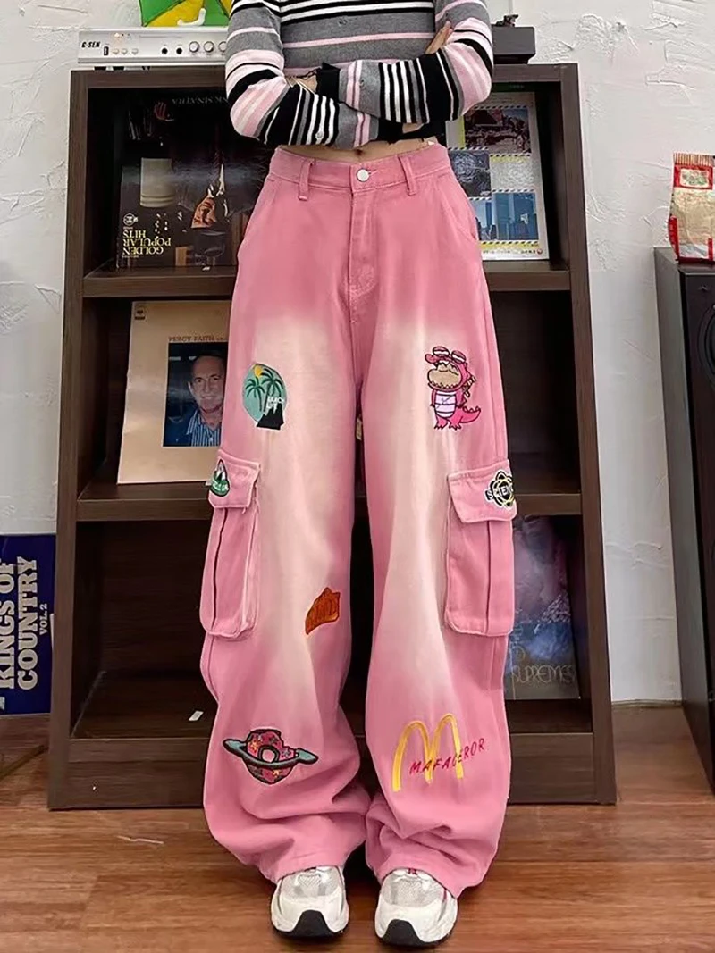 American Pink Cartoon Embroidered Baggy Cargo Mom Jeans for