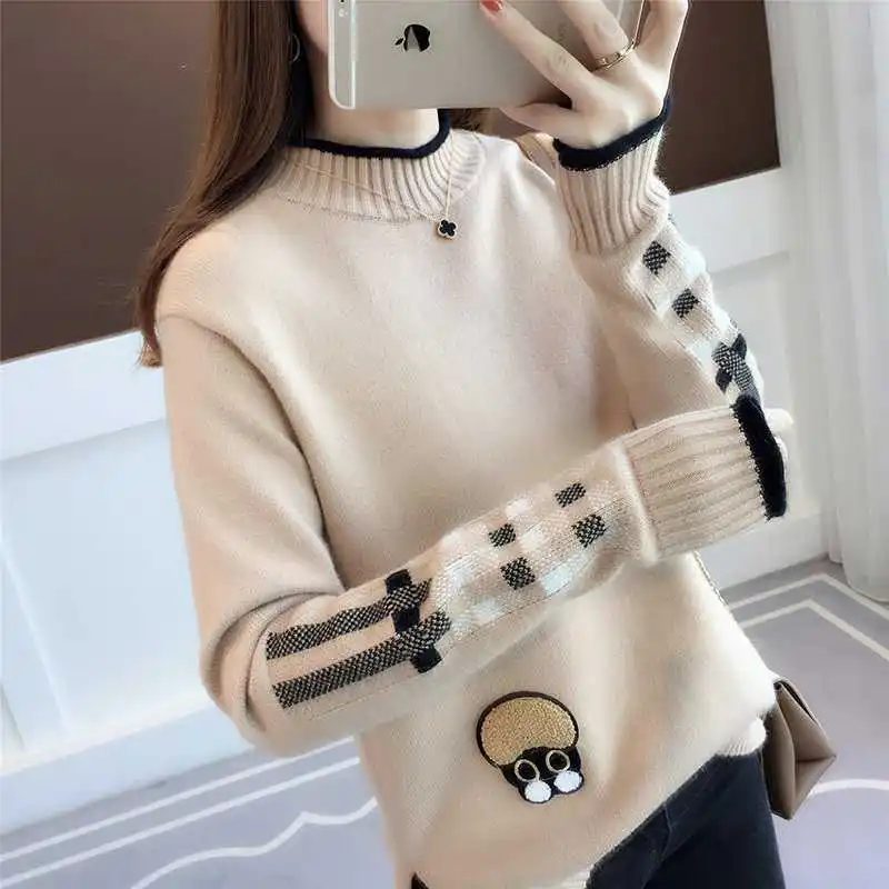 

Autumn Winter Versatile New Half High Collar Random Needle Repair Pullovers Sweaters Fashion Loose Long Sleeve Women's Tops