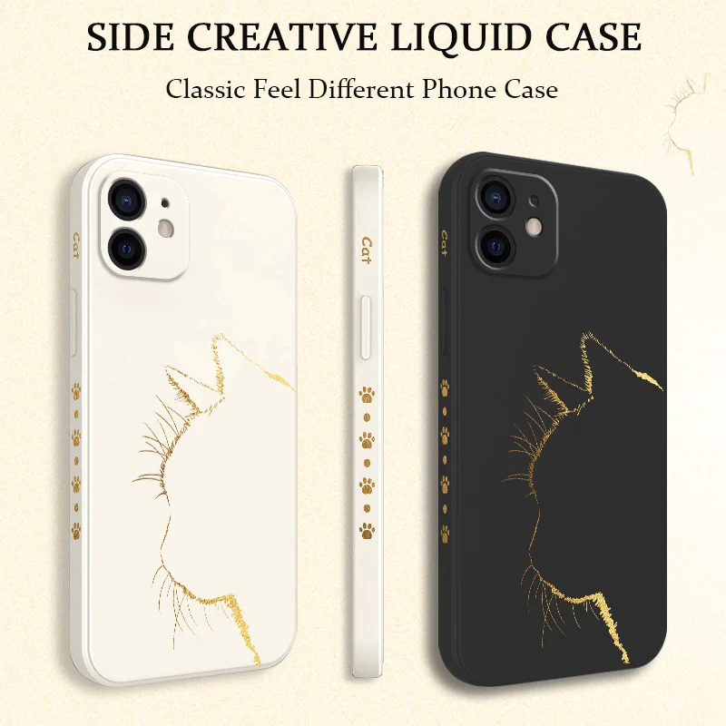 Elegant Black Gold Cat Liquid Silicone Phone Case - Soft Protective Cover