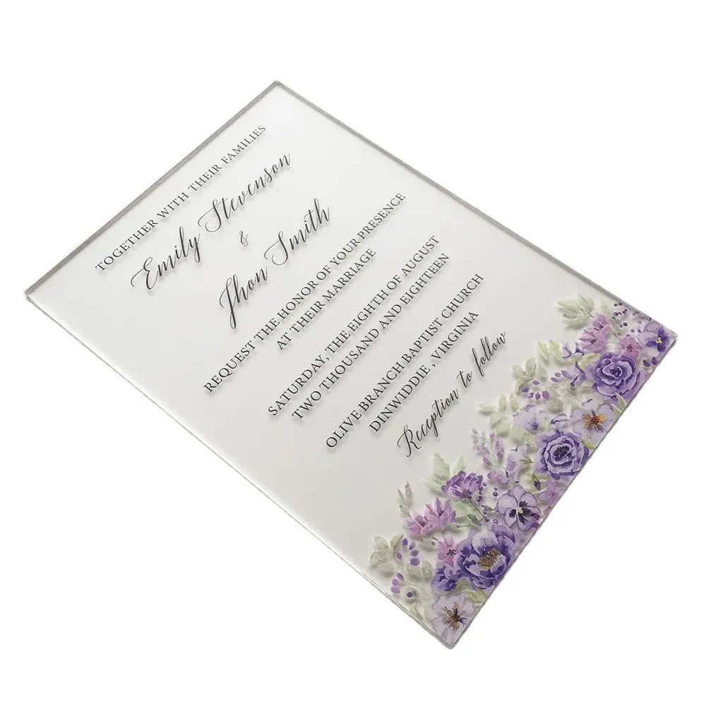 

50 Sets Per Lot Purple Floral Watercolor 5x7inch Frosted Acrylic Wedding Invitation Cards